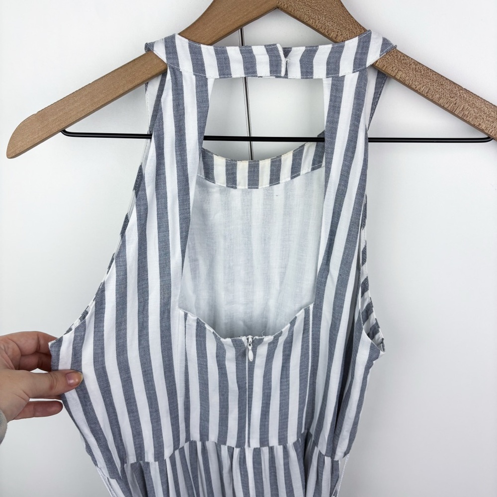 Eliza J Striped Tassel Trim Maxi Dress Cotton Tiered Sleeveless Resort Grey - Picture 10 of 11